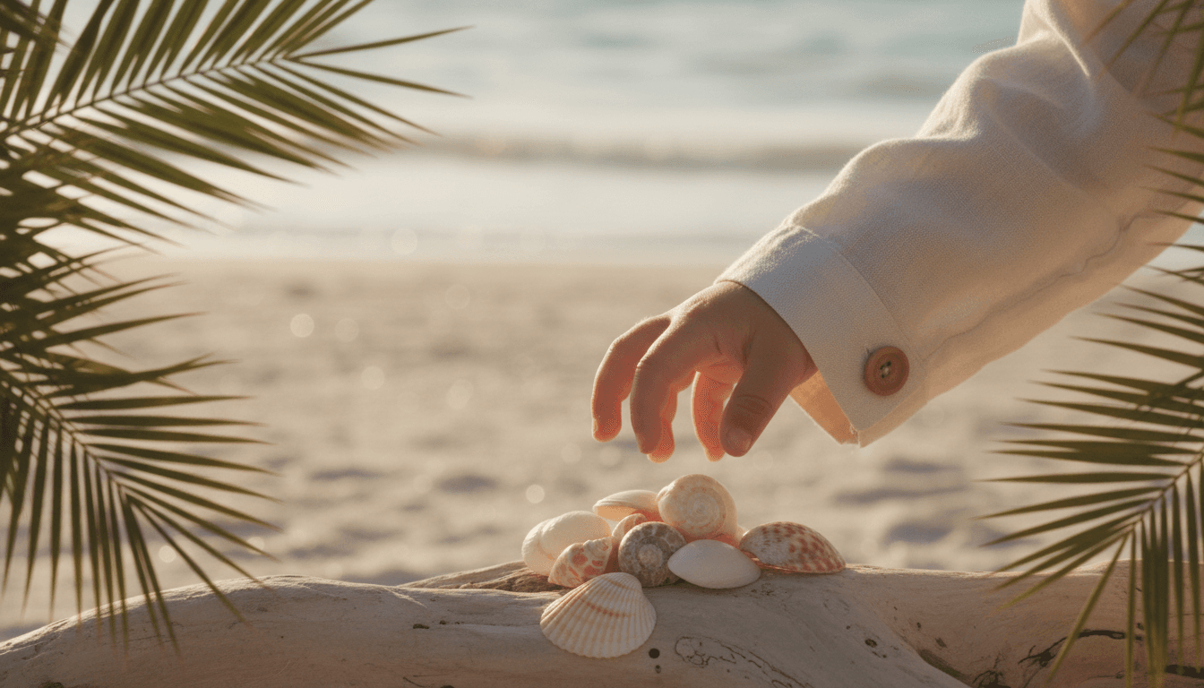 Child's hand in cream linen reaching for seashells on driftwood at the beach