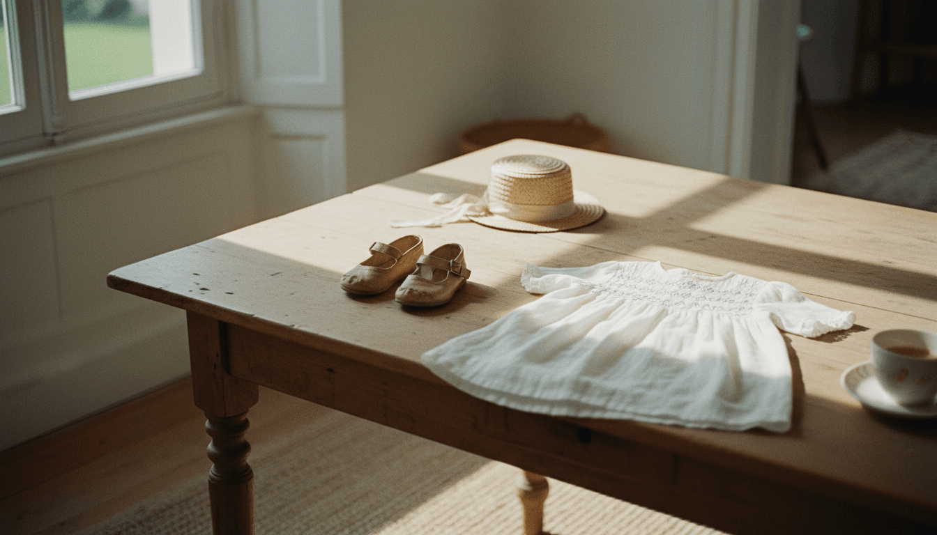 Sunlit children's clothing arranged on a wooden table with morning light