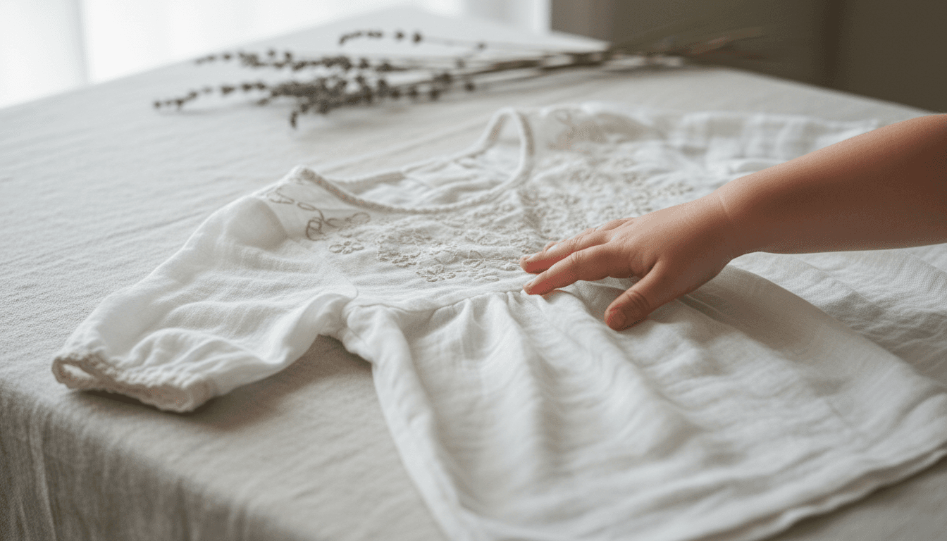 Close-up of a white linen children's garment with hand-embroidery on a light surface