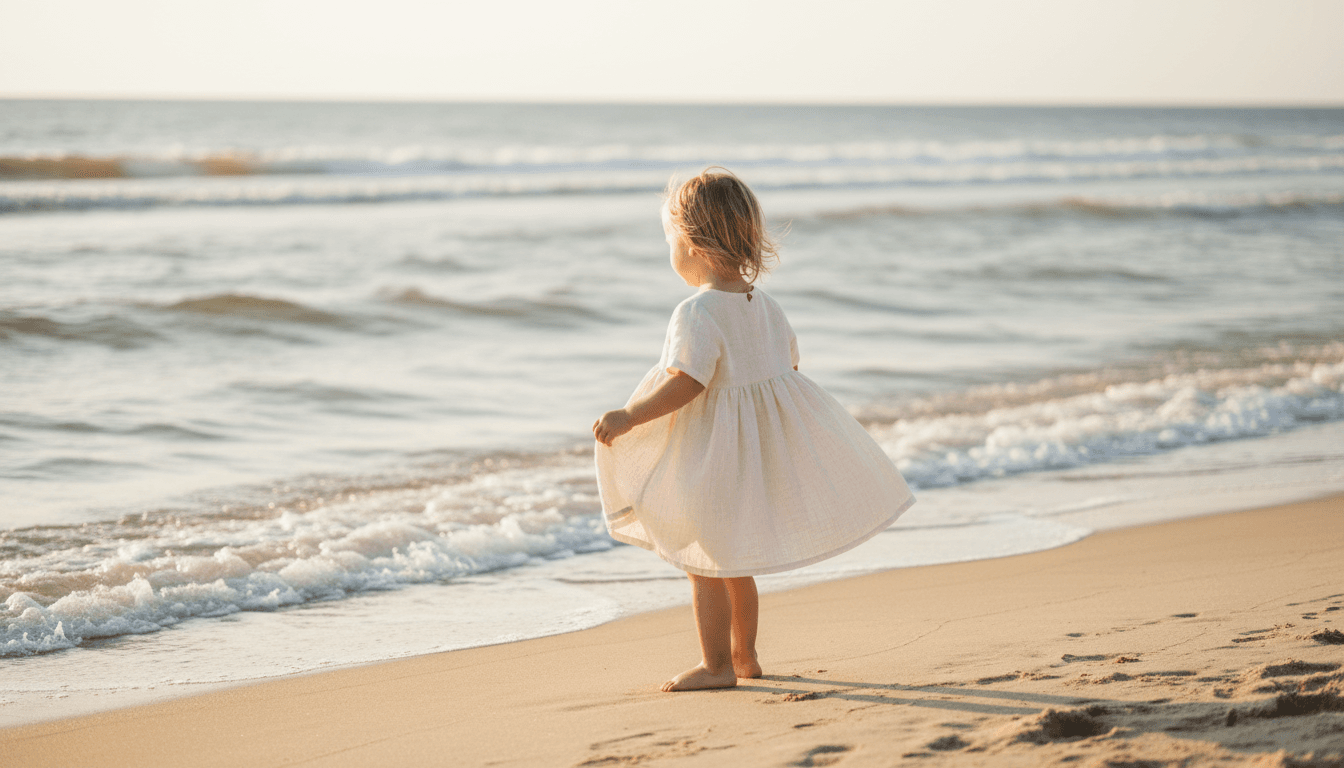 Young child in cream linen dress standing barefoot on a Florida beach at golden hour